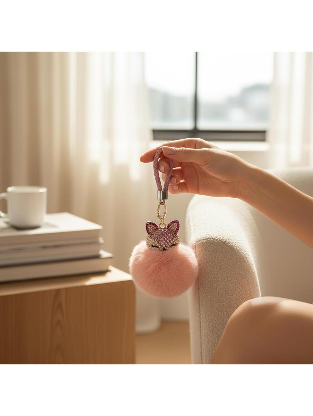 Elegant Pink Fox Pompom Keychain with Rhinestones and Pearls - Picture 2 of 4